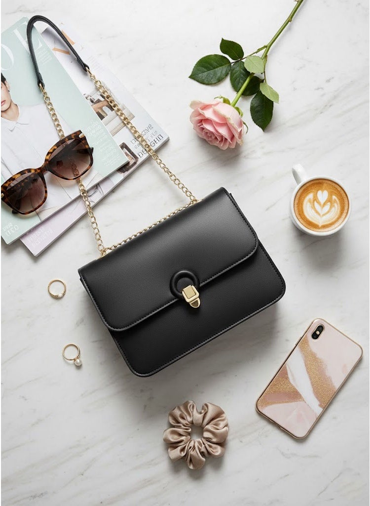 FUMES Black Women’s Luxury Flap Shoulder Bag with Chain Strap and Magnetic Closure - Image 5